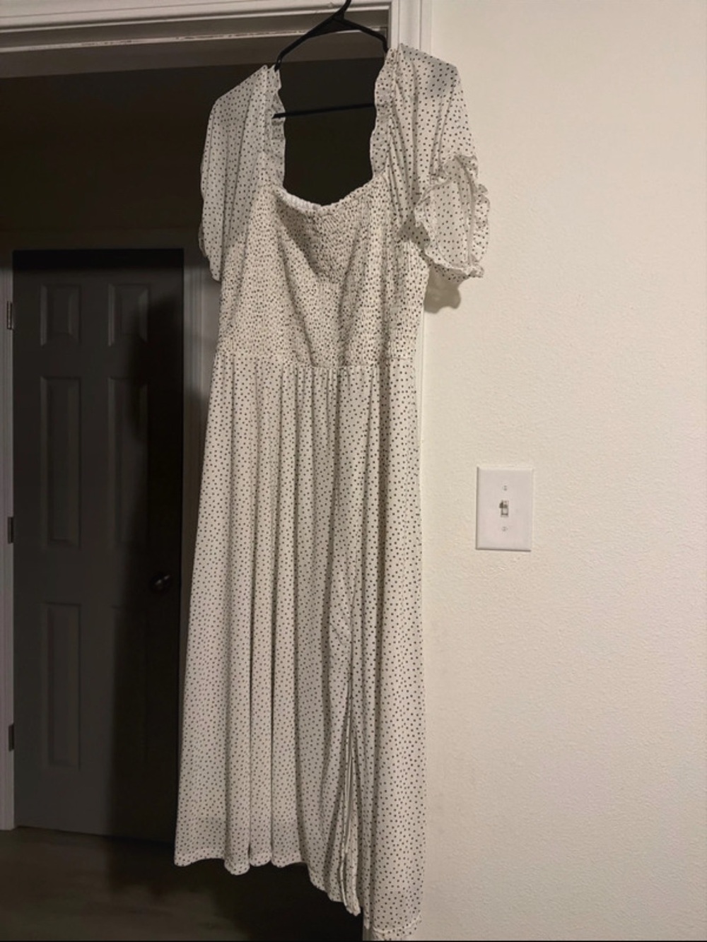 White Polka Dot Maxi Dress with Puff Sleeves